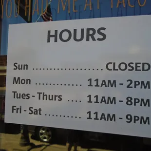 Hours of operation, front entry doors.