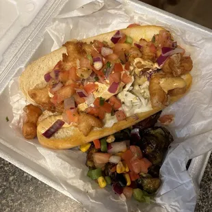 Shrimp po boy with brussel sprouts