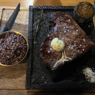 30 day dry aged porterhouse with a side of wild grains