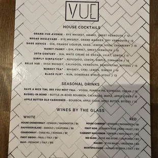 Cocktail menu, seasonal drinks, and wines by the glass