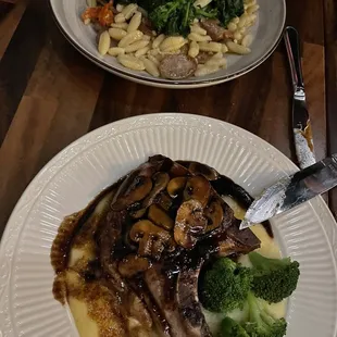 Pork chop and the pasta dish is the gnocchetti
