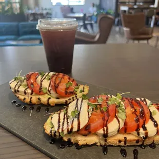 Caprese toast and iced americano
