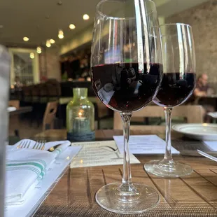 two glasses of wine on a table