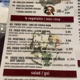 Veggie options menu