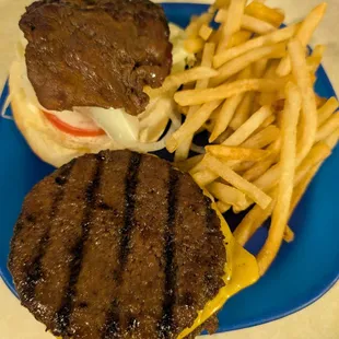 Hal's with extra burger patty, with fries