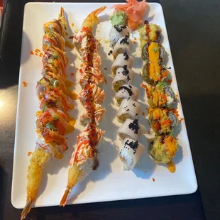 Angel Roll, Ninja Roll, Samurai Roll and Thunder Roll, not necessarily in that order... too hungry to figure it out. Looks delish!
