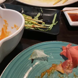 Singapore noodles, firecracker shrimp, beef on a stick, crab roll,