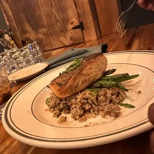 Grilled salmon with dirty rice.