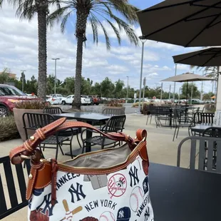 a table with a purse on it
