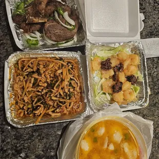 Salt pepper pork chop, walnut shrimp, fish sour cabbage soup and my favorite shredded pork bamboo shoots