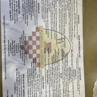 a menu for a hot dog