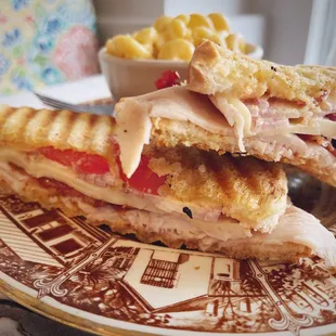Turkey bacon pepper Jack panini with Mac and cheese