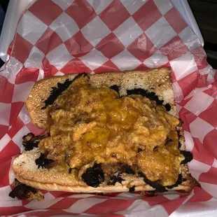 This is a PULLED PORK SANDWICH! Burnt so much it left char on my hand and that&apos;s supposed to be cheddar cheese.