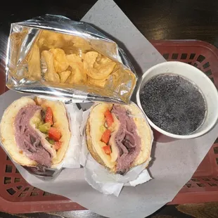 French dip with Au Jou and spicy dill pickles potato chips
