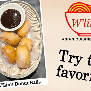 ows a basket of doughnuts and a bowl of dipping sauce