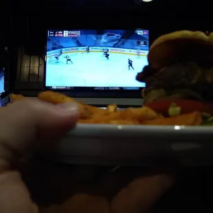 Juicy Lucy Burger with fries.