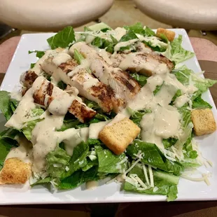 a plate of salad with chicken and croutons