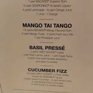 Cocktail menu