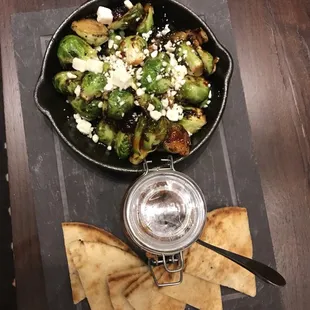 Brussels Sprouts with bacon and pita! My friend hated Brussels sprouts until she tried these!