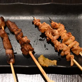 Beef tongue skewers, chicken skin skewers