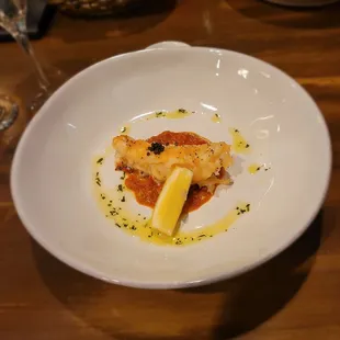 Course 3: lobster tail with caviar. We asked for extra bread to dip in the olive oil and tomato sauce; it was so good!