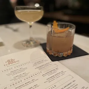 Evening at Frost (no proof cocktail with orange slice) and Funk (no proof cocktail back image)
