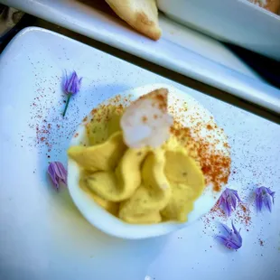 Deviled eggs with chive blossoms!