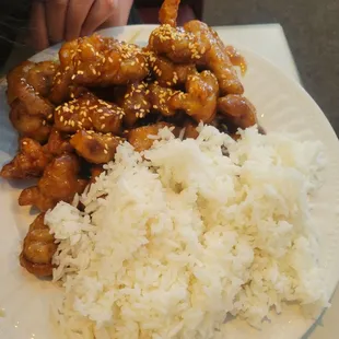 Sesame chicke and steamed rice.