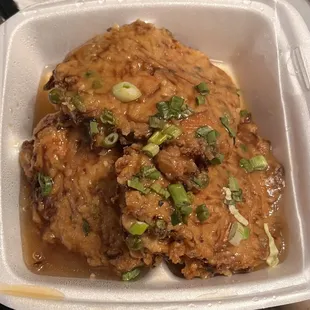 The egg, foo young were pretty good, but they were a bit over browned.