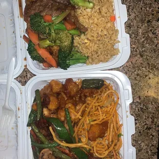 Chow Mein, fried rice, beef and string beans, orange chicken, and beef and broccoli