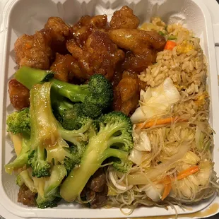 2 meat meal: orange chicken, broccoli beef, fried rice, lo mein