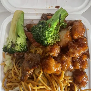 Beef with broccoli but with only 2 pieces of beef and orange chicken lol