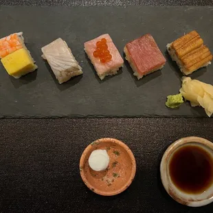 Assortment of traditional pressed sushi