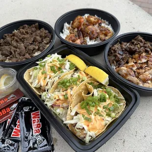 Boom Boom Taco Trio, Beef Bowl, Shrimp Bowl and Beef/Chicken Bowl, yummy