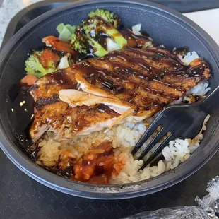 Salmon rice and veggie bowl.