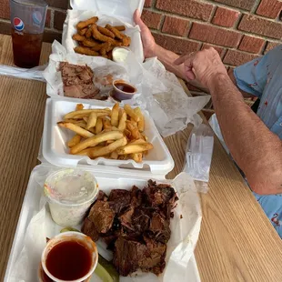 Burnt ends. Fries. Fried Zucchini. Smokehouse sandwich with pulled pork and brisket. Super yum