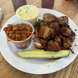 This is the Fireman&apos;s Favorite.  It&apos;s a half pound of burnt ends with two sides (beans + potato salad) and a large pickle.