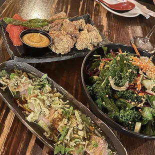 Karaage, House Salad, and Hama Rayu