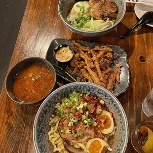 Top: dry garlic ramen, middle: fried pig ears, bottom: tsukemen