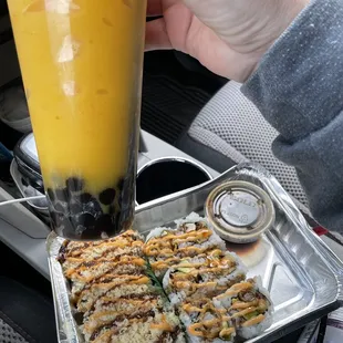 Crunchy Spicy Tuna Maki Shrimp Tempura Roll Mango Smoothie with Bubble