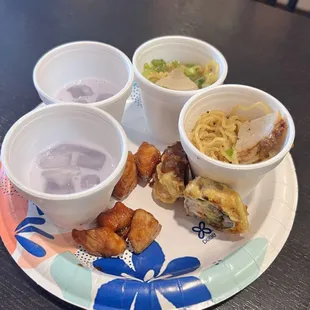 Ramen, Taro drink, gyoza bites, chicken karaage