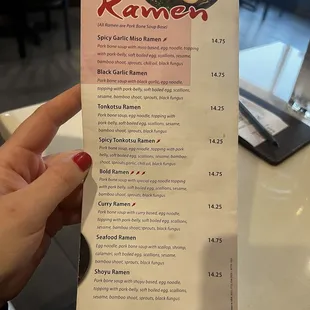 Ramen Menu as of 4/11/2024