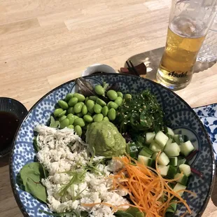 Kani Blue Crab Bowl - edamame with avocado, seaweed salad on mixed greens. DELICIOUS and healthy. Tried the wasabi soy, amazing!