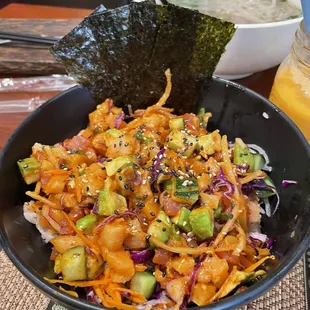 Sashimi Poke Bowl, Beef Pho (in background)