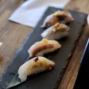 11 Pieces Nigiri Testing - halibut, red snapper, black snapper, spanish mackerel