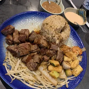 Filet &amp; Shrimp, fried rice &amp; veggies! Don't forget the awesome sauces!