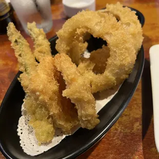 Vegetable tempura: two onions, two sweet potatoes, two asparagus. Lame.