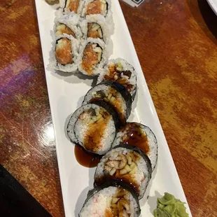 Eel roll that was mostly just a California roll and spicy salmon roll that did not taste fresh.