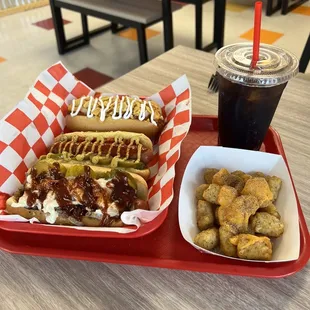 3 wacky dog combo with seasoned tots and a drink