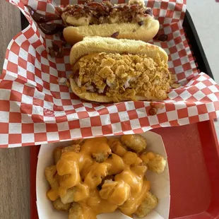 mac n cheese dog and frito pie dog